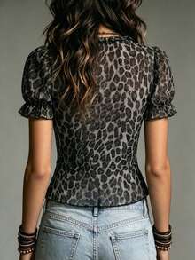 LUMIGAL Summer Fashion Deep V-Neck Leopard Print Sheer Top - Dark Grey - View 2