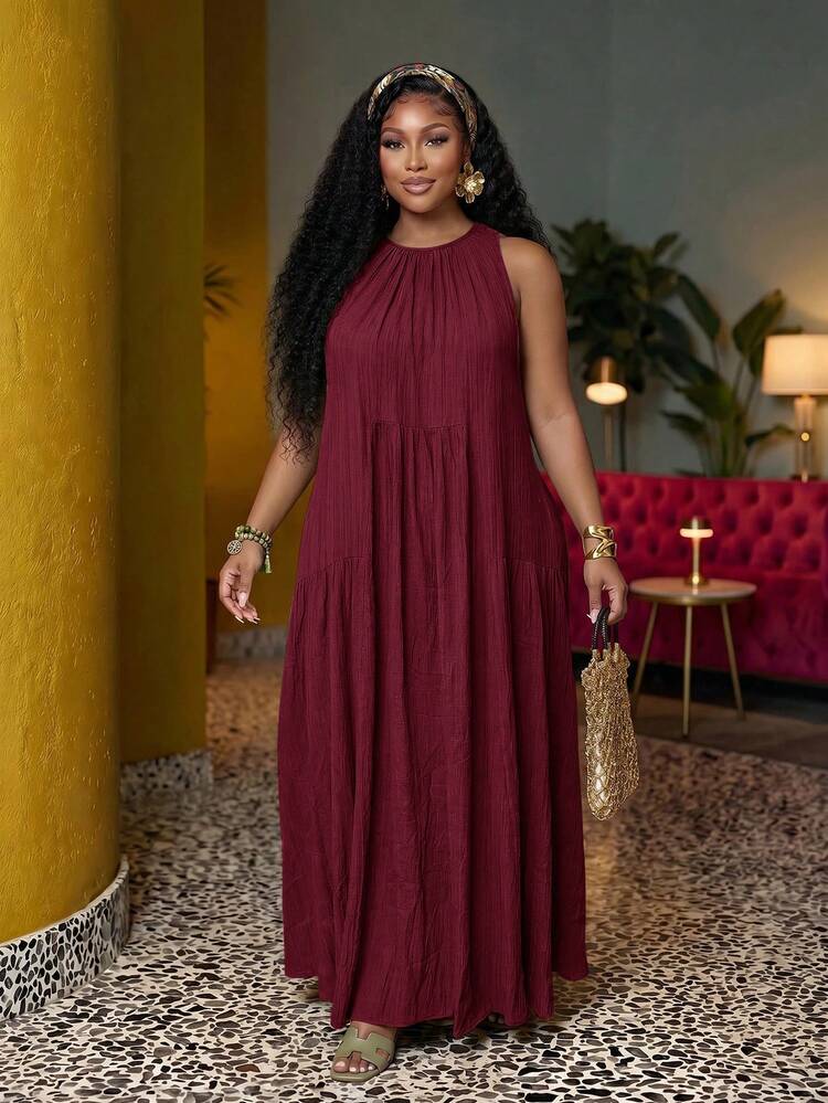 Veslaya Plus Size Solid Color Sleeveless Casual Elegant Vacation Dress Birthday Wedding Guest Burgundy Summer - Burgundy - View 6