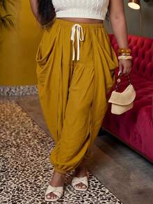 Veslaya 2026 Spring/Summer Women's Plus Size Tummy Control Breathable Soft Form Traditional Romantic Mustard Yellow Long Tapered Pants Vacation Dates - Rust Brown - View 5