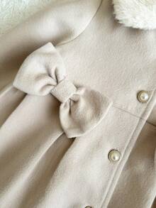 SHEIN Baby Girl Woven Solid Color Plush Turn-Down Collar 3D Bow Casual Woolen Autumn Winter - Apricot - View 8