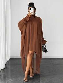 SHEIN CURVE+ Plus Size Solid Color Turtleneck Front Short Back Long Fashion Dress Fall - Brown - View 5