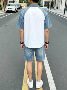 青少年男孩休閒極簡領口丹寧印花襯衫套裝，2件式夏季返校穿搭 - 彩色 - 查看 2