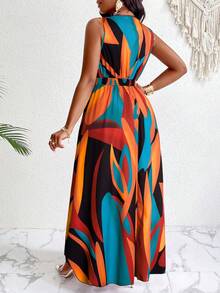 SHEIN PETITE CURVE Plus Size Women V-Neck Ruched Patchwork Casual Elegant Party Dinner Dress Burnt Orange Summer - Orange - View 2