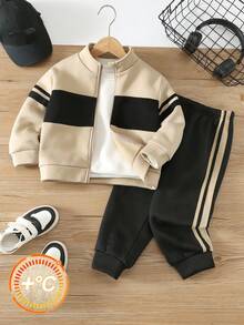 SHEIN 2pcs Young Boys Sports Casual Daily Comfortable Printed Loose Stand Collar Open Front Sweatshirt Jacket And Pants Set, Suitable For Outings, School, Daily Gatherings, Autumn/Winter - Apricot - View 1