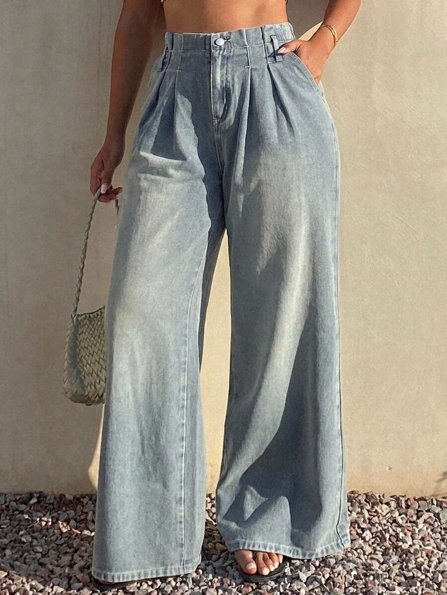 Dazy Plus Vintage Washed Distressed Loose Wide Leg Long Denim Pants, All Season Fall - Light Wash - View 1