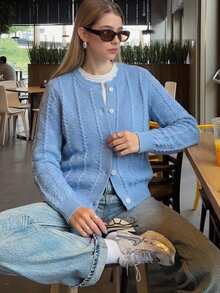 Cévolie Autumn/Winter Slouchy Loose Fit Elegant Casual Commute Knit Cardigan Versatile Sweater - Blue - View 1
