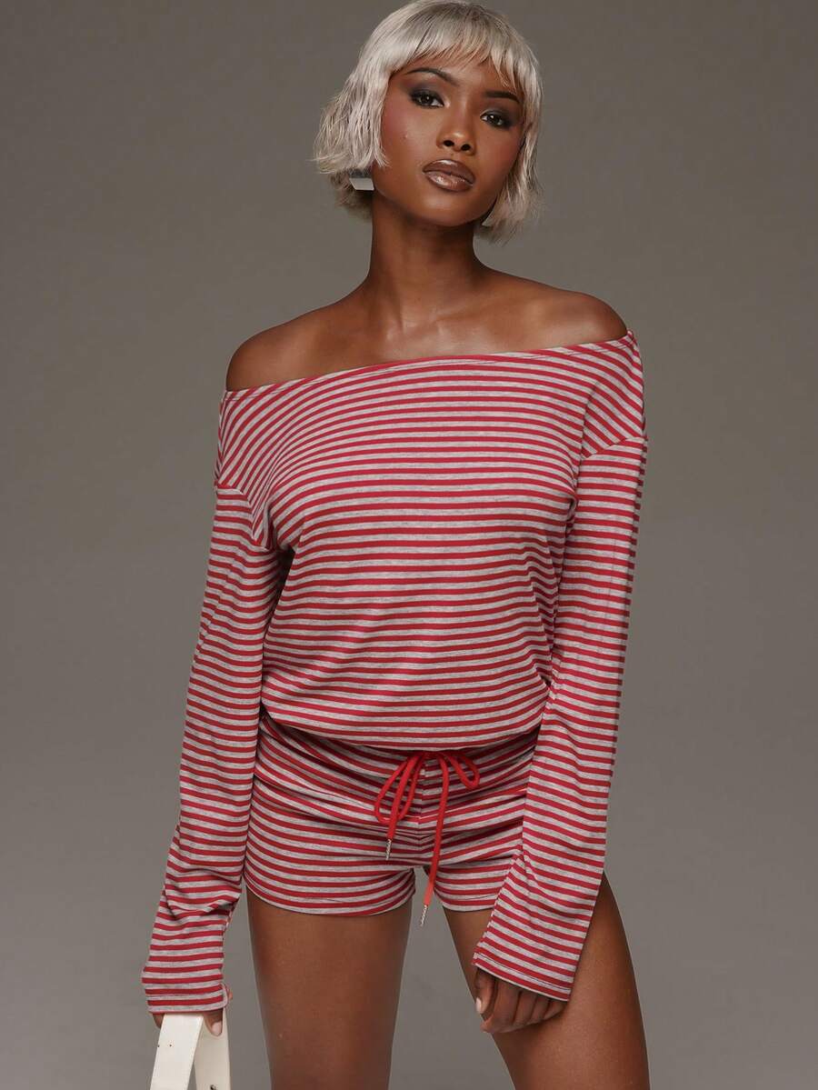 Normani 女款條紋拼色露肩長袖T恤與抽繩腰短褲兩件套 - 紅色 - 查看 1