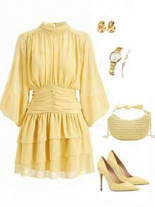 Ellevyn Women's Elegant Batwing Sleeve Ruffle Romantic Dress, Suitable For Dates Brunch Tea Party And Occasions, Autumn High-End Chiffon Yellow Dress - Yellow - View 4