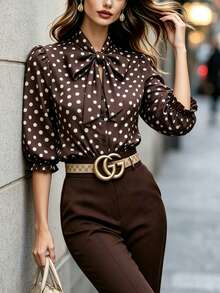 SHEIN Brown All-Over Print White Small Polka Dot Collar Large Bowknot Blouse With Puff Shoulders, Ruffle Trim Mid-Sleeves, Single-Breasted Round Buttons, Cinched Waist, Versatile Base Layer Shirt - Multicolor - View 8