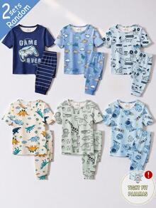 SHEIN 【6件套，随机发货2件套】男童睡衣，春夏新品，时尚热销元素恐龙、鲨鱼、汽车、直升机、交通工具图案印花，针织紧身高弹面料短袖长裤睡衣套装，2件睡衣上衣+2件睡裤（随机发货） - 彩色 - 查看 5
