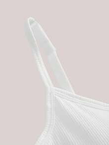 Veilyse 1 件女式纯色罗纹吊带背心，带胸垫，短款背心，休闲汗衫，健身 - 白色 - 查看 10