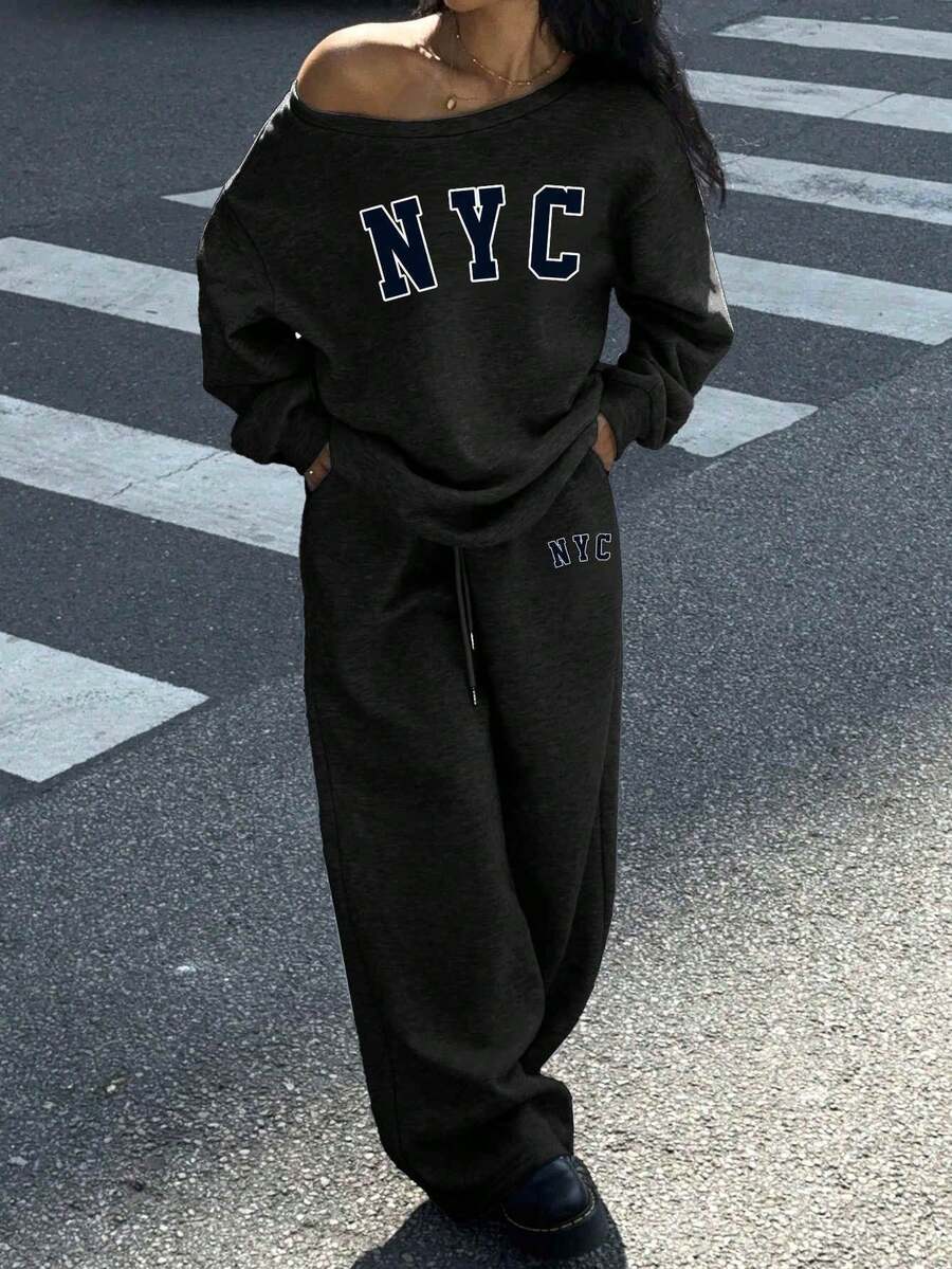 Muchica 2 件纽约印花宽松露肩卫衣和阔腿运动裤套装,厚保暖衬里,适合秋冬季 - 黑色 - 查看 1