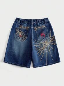 ROMWE MEN Street Life 青少年男孩字母蜘蛛刺繡圖案口袋鈕扣休閒日常牛仔短褲 - 藍色 - 查看 1