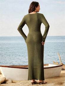 SHEIN Women's Elegant Knit Dress With Hollow-Out Button Design Vacation Olive Green Autumn - Dark Green - View 2