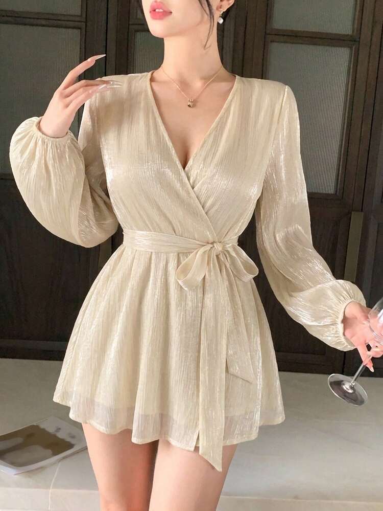 DAZY Women's Green Chiffon Blouse, Elegant Ruffle Tie Waist Long Sleeve Shirt For Summer Wedding, Vacation And Party - Beige - View 6