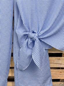 SHEIN Clasi 女款圓領格紋百褶上衣與長褲休閒日常兩件套 - 藍白色 - 查看 4