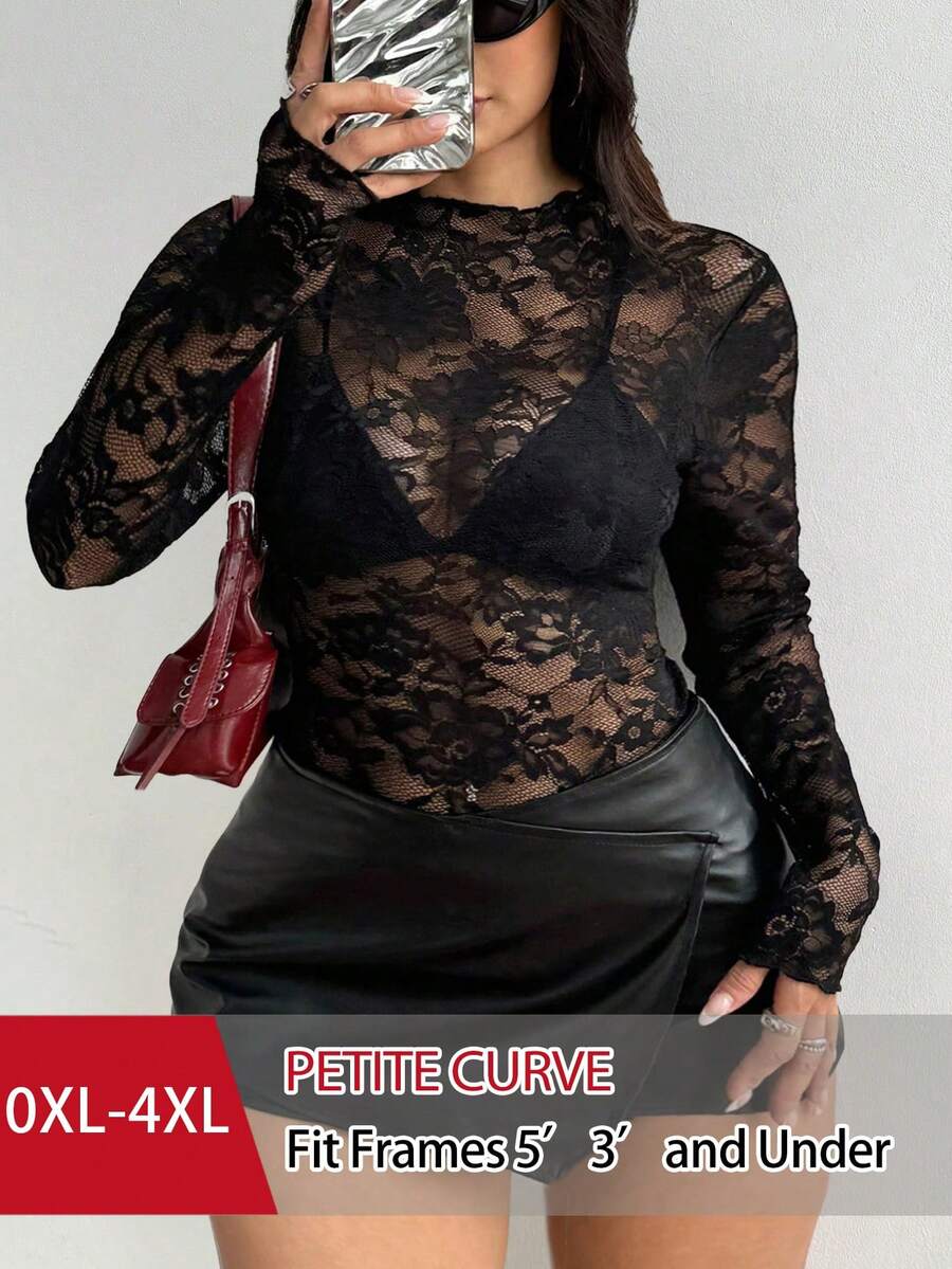 SHEIN PETITE 大码女士性感透视蕾丝长袖圆领休闲修身弹力上衣,春秋季 - 黑色 - 查看 1
