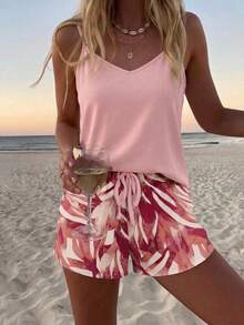 SHEIN LUNE 女款休閒極簡純色細肩帶背心與植物印花短褲兩件套，適合夏季 - 彩色 - 查看 4