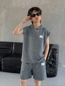 2件套 男童休闲韩版字母印花连帽卫衣和纯色短裤套装 - 灰色 - 查看 4