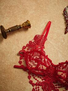 2pcs Floral Embroidery Sheer Mesh Lingerie Set, Extremely Alluring - Red - View 3