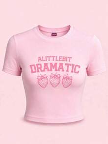 INAWLY Y2K Slogan Strawberry Print Short Sleeve Women Slim Fit T-Shirt, Summer - Pink - View 7