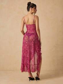 HautHeat Women's Leopard Print Patchwork Ruffle Hem Slit Sexy Loungewear Dress - Hot Pink - View 2