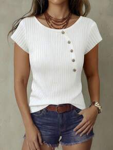 Franclia Women's Spring/Summer White Ribbed Metal Button Round Neck Raglan Sleeve Casual Commute Daily T-Shirt - White - View 1