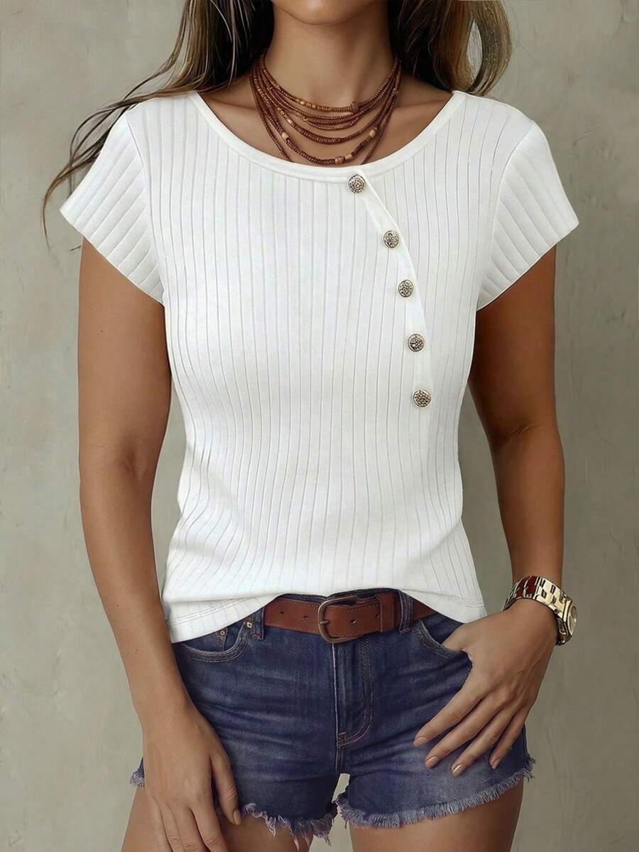 Franclia Women's Spring/Summer White Ribbed Metal Button Round Neck Raglan Sleeve Casual Commute Daily T-Shirt - White - View 1
