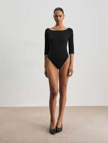 ATUI Studio Women Minimalist Off Shoulder Bodysuit, 3/4 Sleeve Stretch Jersey Slim Fit Basic Black Top For Daily Office Wear - Black - View 8