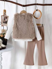 SHEIN 3pcs/Set Girls Autumn/Winter New Polka Dot Ruffle Sleeve Base Layer Top, Flared Long Pants, Long Fur Vest, Elegant Noble Casual Versatile Fashion Three Pieces Set For Birthday Party - Coffee Brown - View 2