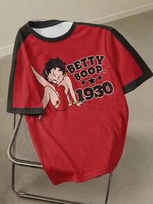 Betty Boop x SHEIN 女式卡通人物图案拼色圆领短袖T恤 - 白色 - 查看 1