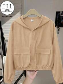 SHEIN Jaket Kasual Longgar Berkerudung untuk Remaja Perempuan, Warna Polos, Bahan Tenun, Dilengkapi Kantong, Cocok untuk Musim Gugur dan Musim Dingin. - Khaki - View 7