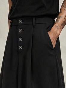 PAVTROS Men's Fashion Versatile Button Pleated Pocket Loose Casual Long Pants - Black - View 5