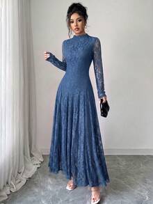 Modelyn 酒紅色設計半高領收腰顯瘦蕾絲女裝洋裝 - 藍色 - 查看 6