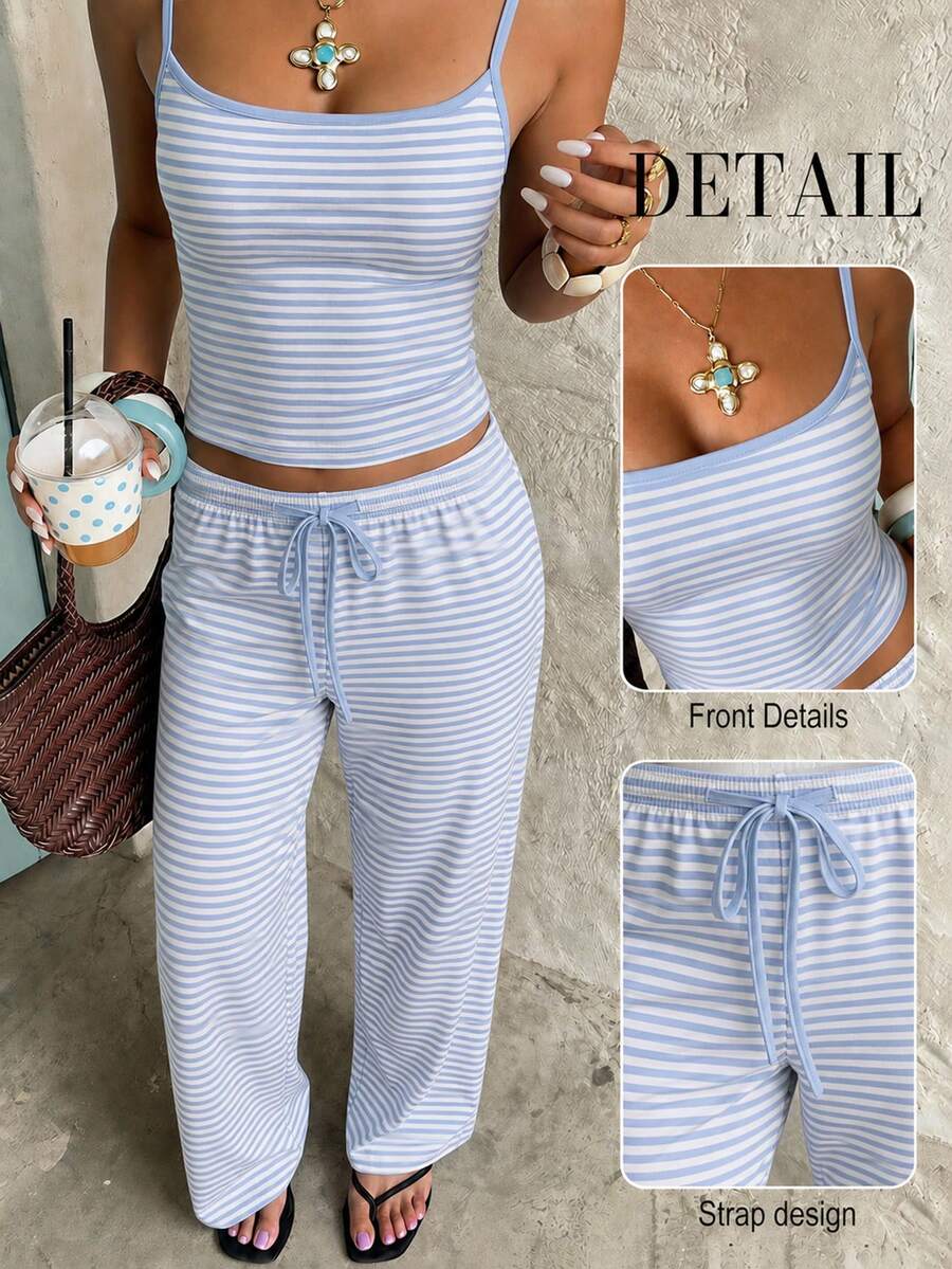 Aloruh Setelan Camisole dan Celana Panjang Bergaris untuk Pakaian Rumahan Kasual Wanita - Baby Blue - View 1