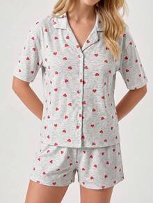 EURMUSE Cotton CURVE PLUS Women 2 Pcs Heart Pattern With Button Front Detail Short Sleeved Shirt%Shorts Homewear Comfort Pajama Set For Ladies - Multicolor - View 5