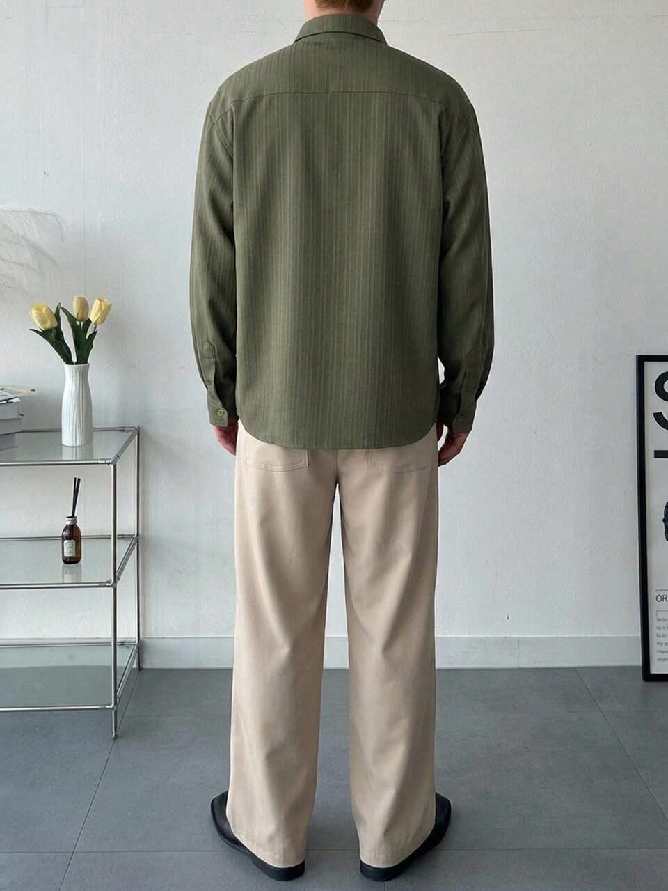 Spring/Autumn Long Sleeve Army Green Shirt With Apricot Long Pants Embroidered Chest Commuter Men's Shirt Set