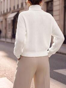 Balvessa Turtleneck Drop Shoulder Ribbed Knit Sweater,Long Sleeve Tops Knit Pullover Fall Winter Sweater - White - View 3