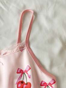 2pcs Set Piyama Nyaman untuk Anak Perempuan, Terbuat dari Sutra Imitasi dengan Motif Beruang Bergaris dan Atasan Camisole serta Celana Pendek - Baby Pink - View 4