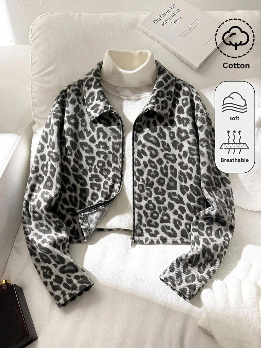 SHEIN جاكيت جينز بطبعة نمر بأكمام طويلة للفتيات المراهقات ملابس خريفية شتوية كاجوال - متعدد الألوان - مشاهدة 1