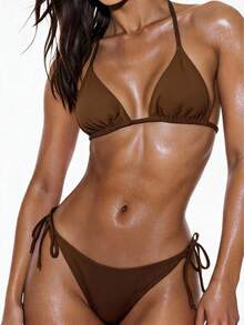 Swim Basics Summer Beach 3packs Triangle Tie Side Bikini Set Bathing Suit - Brown - View 1