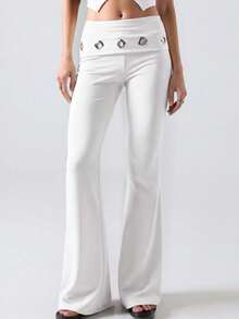 TypaGal White Women's Waist Fold Eyelet Design Flare Pants Going Out Night Autumn Sexy - White - View 1