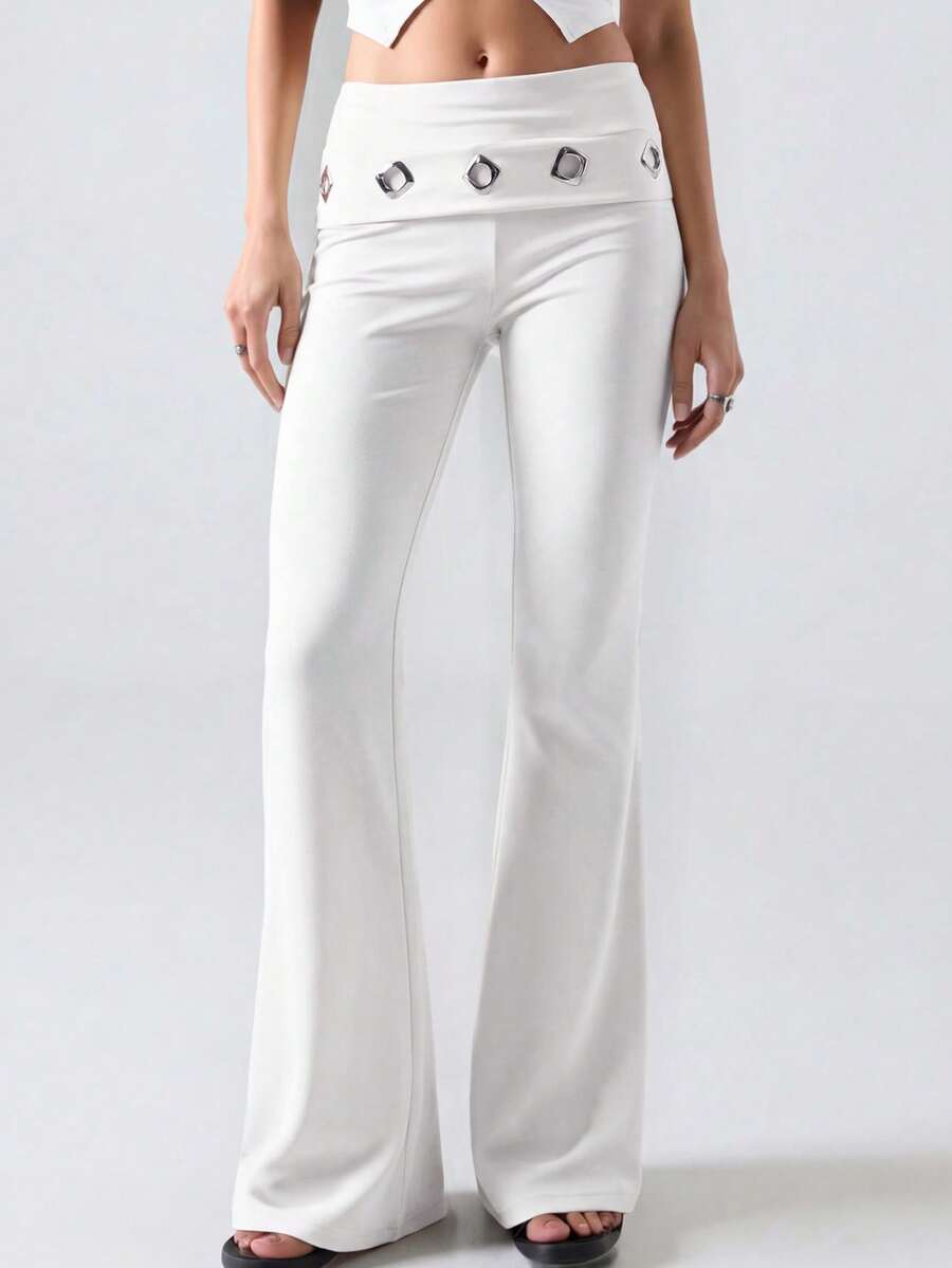 TypaGal White Women's Waist Fold Eyelet Design Flare Pants Going Out Night Autumn Sexy - White - View 1
