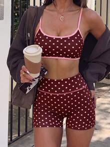SHEIN Sports Women's Polka Dot Print Solid Color Trim Sports Tank Top And Shorts High Elastic Comfortable Athletic Set - Multicolor - View 1
