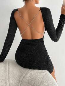 SHEIN PETITE Women Dresses Rantai Backless Criss Cross Plain Pesta - Hitam - View 5