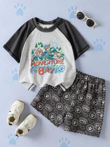 SHEIN | PAW Patrol Young Boy Colorblock Patchwork Cartoon Print T-Shirt And Shorts Set - Black - View 1