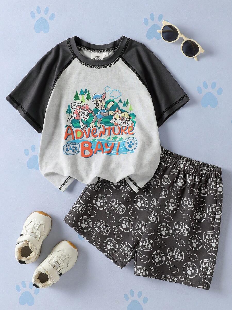 SHEIN | PAW Patrol Young Boy Colorblock Patchwork Cartoon Print T-Shirt And Shorts Set - Black - View 1