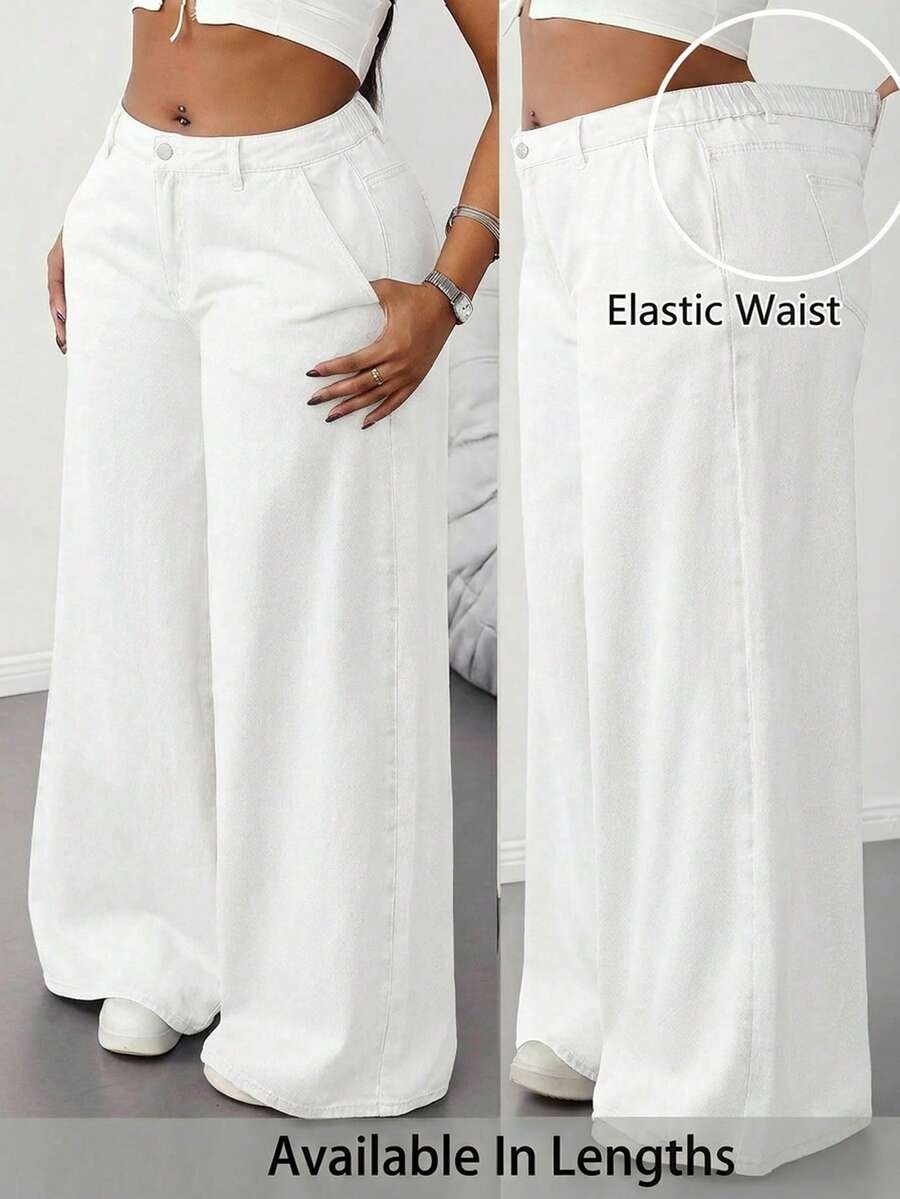 SHEIN Tall CURVE Plus Size Women Loose Fit Pockets Wide Leg Casual Jeans - White - View 1