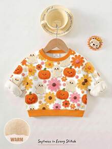 女嬰休閒可愛萬聖節南瓜花卉幽靈印花，簡約寬鬆圓領衛衣，適合秋冬街頭復古風，舒適隨性，兒童秋季疊穿，Y2K，運動風，外出，街頭風，Chill Chill - 彩色 - 查看 2