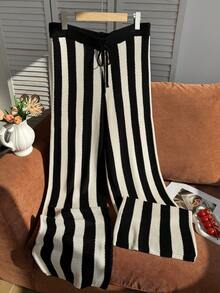 Comfortcana Plus Size Spring/Autumn Crochet Striped Vintage Sweater Pants Halloween - Black and White - View 1